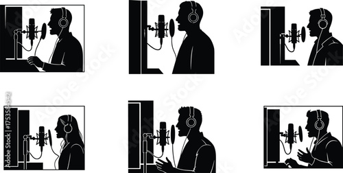 Recording studio silhouettes, vocal performance, podcasting, singing, microphone setup, headphones, soundproof panels, audio production, music session, voice recording, profile view