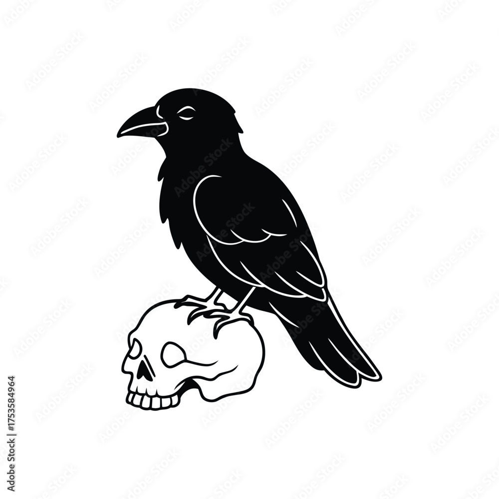 Fototapeta premium A black raven perched atop a skull, , creating a striking and symbolic image with a gothic and mysterious atmosphere