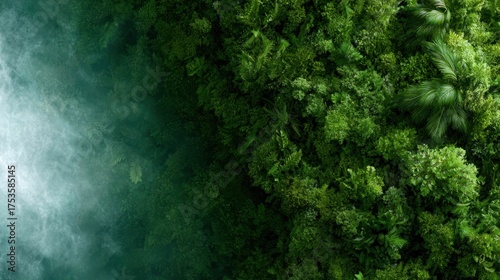 An aerial view of a lush green forest seamlessly blending into a tranquil water edge, showcasing nature's harmony and the beauty of untouched wilderness.
