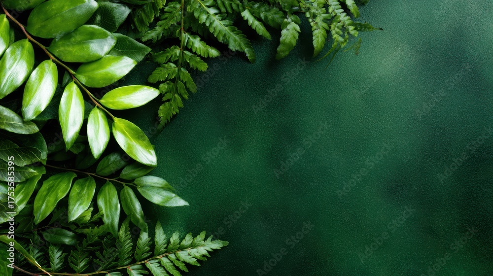 An elegant arrangement of rich green leaves layered and combined against a textured dark background, emphasizing nature's intricate patterns and vibrant diversity.