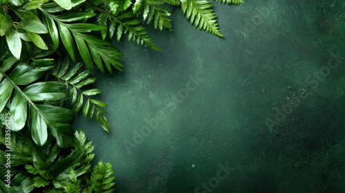 A vibrant composition of various lush green leaves set against a textured dark background, emphasizing the beauty and diversity of nature's foliage and colors.