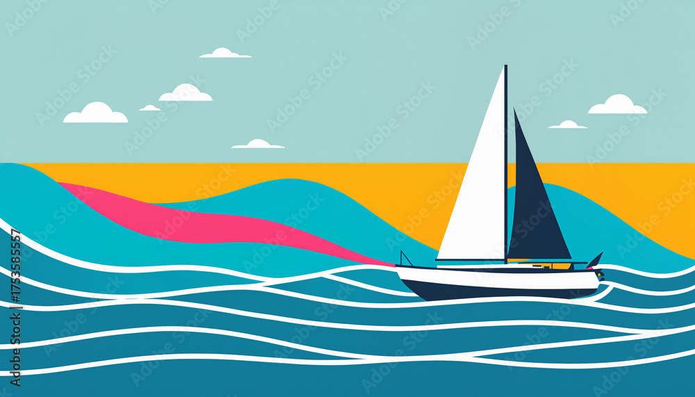 Naklejka premium a modern flat design seascape with a sailboat on stylized blue waves against a horizon of yellow and light blue sky, creating a calm coastal scene.