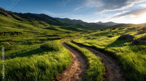 A winding dirt path meanders through breathtaking green hills under a clear sky, signifying adventure and exploration in a picturesque natural landscape bursting with vitality.