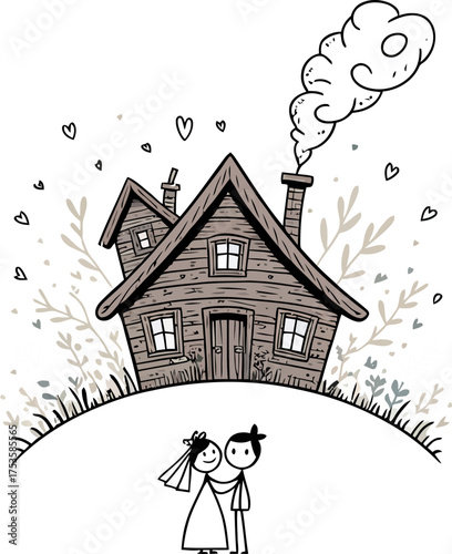 Home Sweet Home: A whimsical illustration depicts a newlywed couple standing before a charming cabin, symbolizing the beginning of their domestic bliss and journey together.
