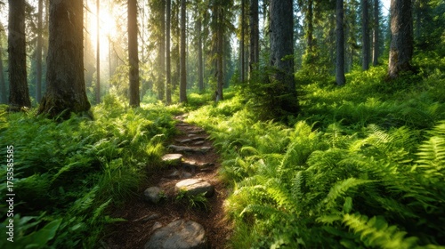 A serene forest scene featuring a sunlit pathway surrounded by vibrant ferns and towering trees, embodying tranquility and natural beauty in a peaceful environment.