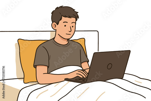Young man freelancing in bed with laptop in hand drawn style