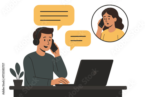 Man working remotely using laptop and headset in virtual meeting