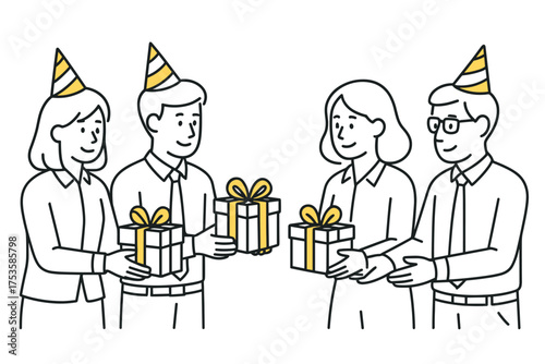 Linear style birthday celebration with people exchanging gifts