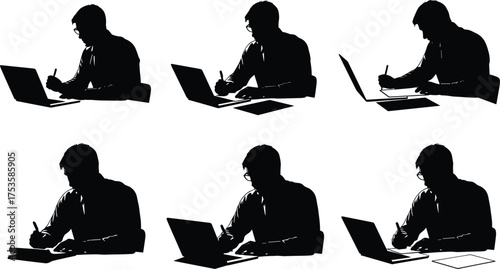Writing desk silhouette, laptop user, focused posture, study scene, remote work, note-taking, productivity icon, black and white, seated figure