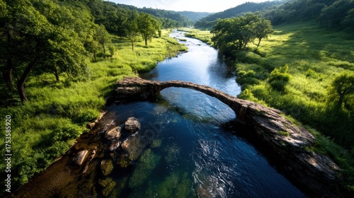 A serene view capturing a graceful stone bridge over a reflective river, surrounded by lush greenery under a sunlit sky, embodying peace and natural beauty.