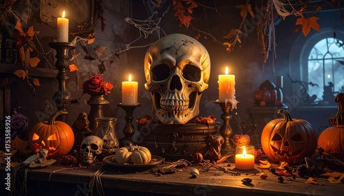 Atmospheric Halloween scene with skull centerpiece, glowing candles, jack-o'-lanterns, dried autumn leaves, eerie shadows, and vintage props on a dark wooden table in spooky candlelit room. 2