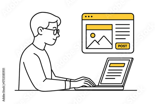 Linear style blogger typing with laptop and website post interface illustration