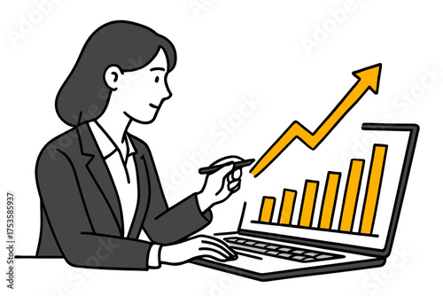 Business growth concept with rising graph and woman analyzing data on laptop