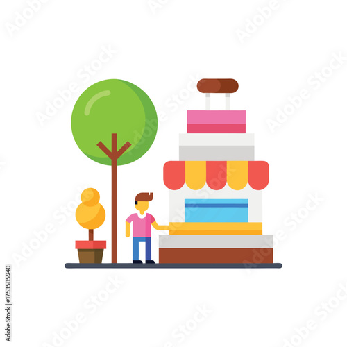 Flat Design Illustration of a Man at a Shop with Trees