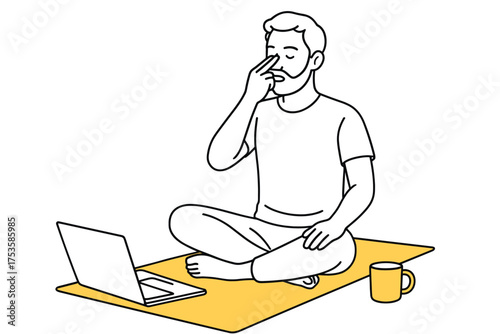 Man practicing yoga breathing: modern minimalist line art with laptop and coffee