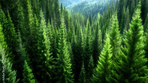 A vibrant and dense forest photographed from an aerial perspective, showcasing various shades of green trees and the beauty of untouched nature in a serene landscape.