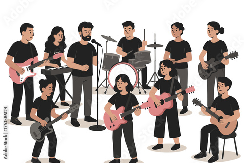 Group of musicians performing together with various instruments in flat design