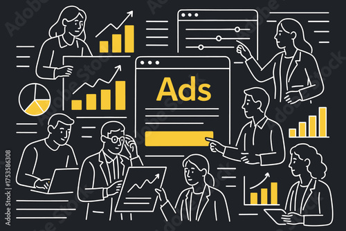Linear business strategy and marketing team analysis with graphs and charts