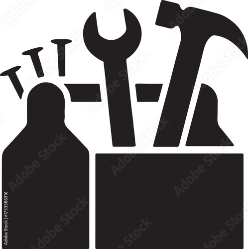 Toolbox with nails, wrench, and hammer flat design vector for handyman and repair work.
