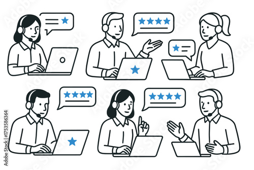 Call center team engaged in customer support with laptops and headsets in outline style