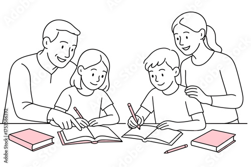 Family studying together at home in linear style