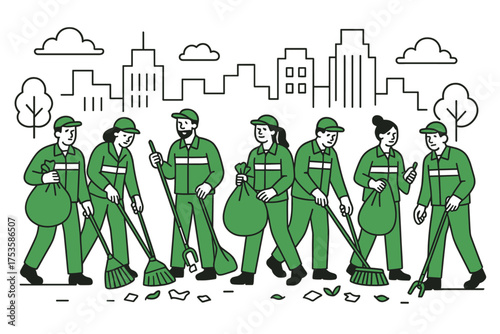 Urban cleanup crew in minimalistic style