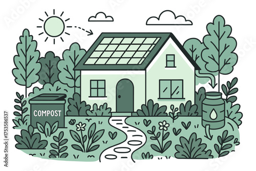 Eco-friendly home design with solar panels and sustainable garden elements