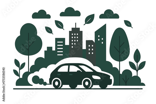Eco-friendly urban transportation in green cityscape with car and nature elements