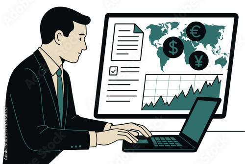 Business professional analyzing global financial data on laptop with chart and currency symbols