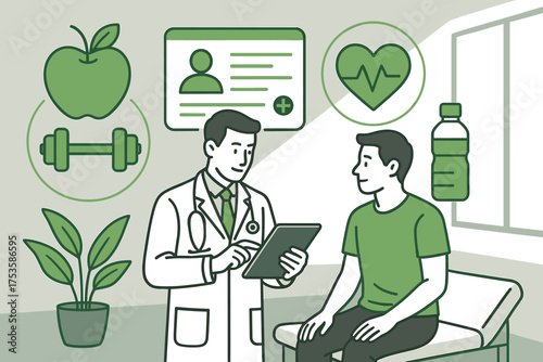 Doctor advises patient on healthy lifestyle choices in modern clinic