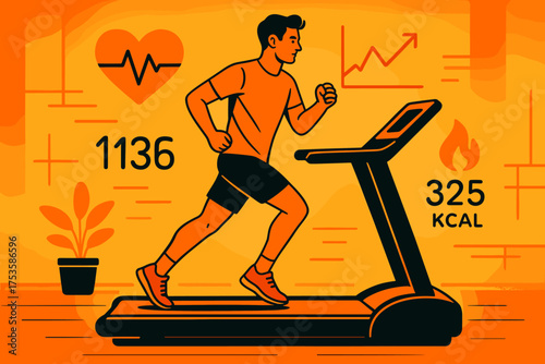 Fitness motivation: man running on treadmill with heart rate and calories burned on orange background