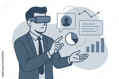 Businessman using augmented reality to analyze data in a modern office setting