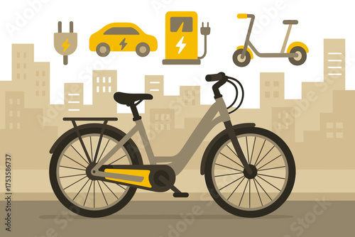 Electric mobility and urban transport in flat design cityscape