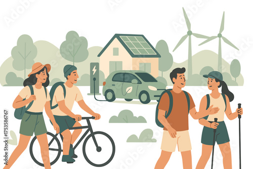 People engaging in eco-friendly activities with renewable energy in the countryside