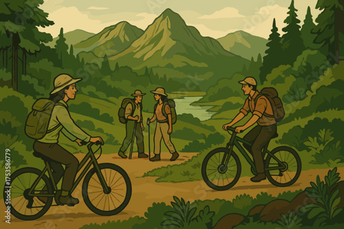Adventurers biking and hiking in a scenic mountain landscape