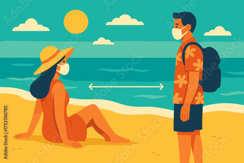 Summer beach social distancing concept with people wearing masks under the sun