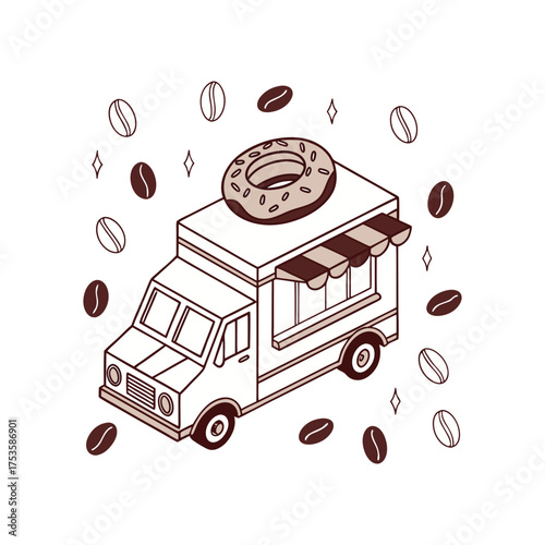 Isometric donut and coffee truck vector illustration on white background
