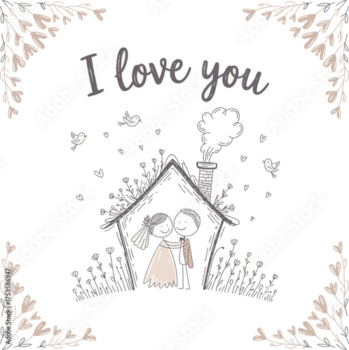 Love's Sanctuary: A heartwarming depiction of a couple under a cozy roof with the words I love you, embodying the essence of affection, togetherness and the warmth of home. 