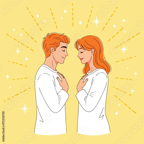 Couple expressing gratitude and selflove surrounded by radiating light and positive energy in a clean vector illustration