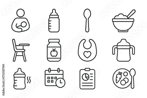 Essential baby feeding icons: line art collection of bottles, bibs, and more