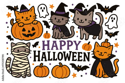 Cute cats in halloween costumes with pumpkins, bats, and ghosts on white background