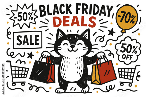 Cartoon cat celebrates black friday with discounts and shopping spree