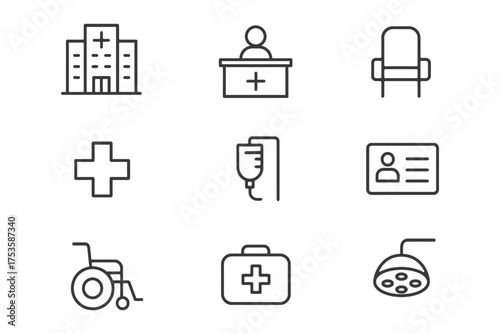 Minimalist medical icons set featuring hospital, wheelchair, and first aid elements