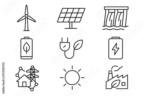 Renewable energy icons: solar, wind, hydroelectric in minimalist linear style