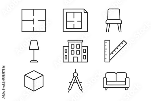 Minimalist outline icons for interior design and architecture concepts