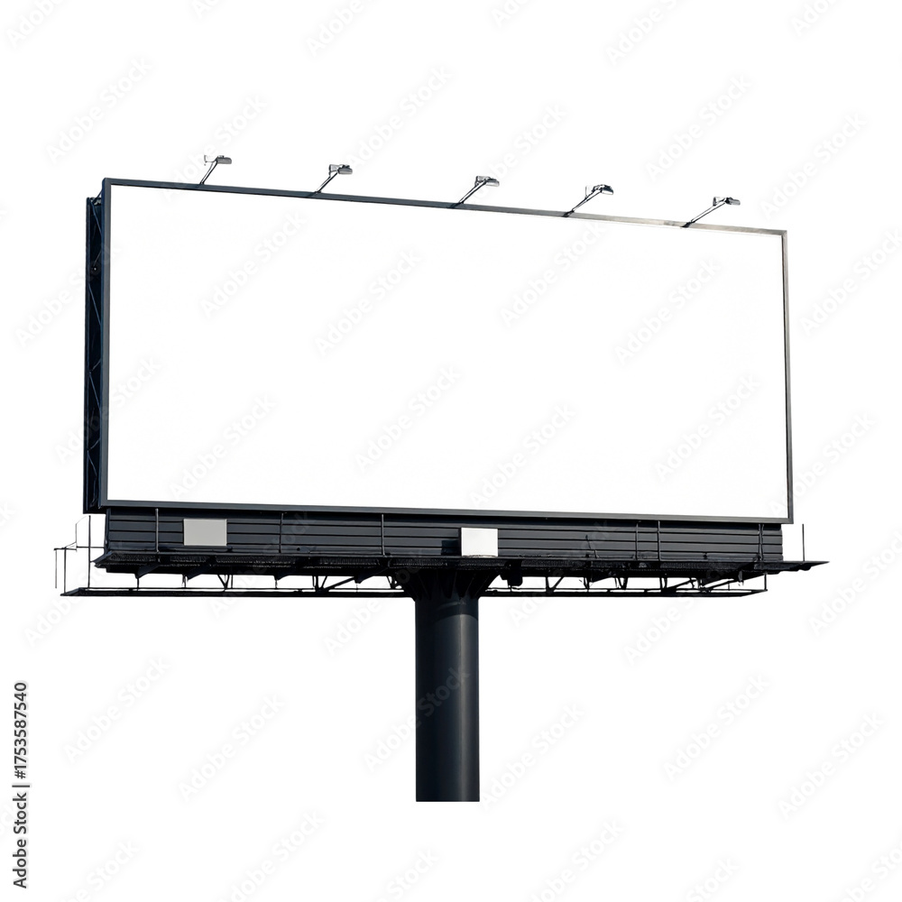 Obraz premium Large Blank Billboard Mounted on Black Pole, Straight-On View, Isolated on Transparent Background 