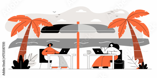 Palm-Shaded Workation: Remote Workers Enjoying Beachfront Office with Laptops, Sun Umbrellas, Palm Trees, Sea View, Digital Nomad Lifestyle, Flat Vector Illustration