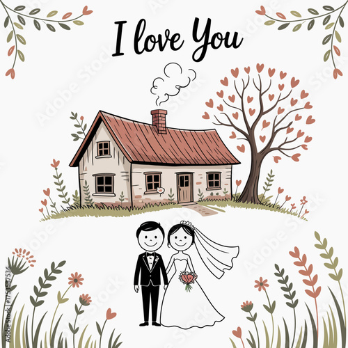 Love's Haven: A charming depiction of a home and couple embracing love, creating a feeling of togetherness, affection, and the beauty of romance.
