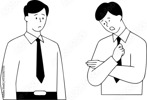 Two men in formal wear exhibiting varying degrees of concern and unease, vector style