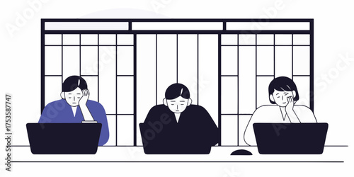 Bored Office Workers Depressed Individuals at Work, Exhausted and Overwhelmed by their Tasks, Monotonous Day